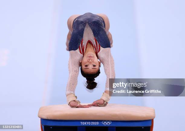 Sunisa Lee of Team United States competes on vault during the Women's All-Around Final on day six of the Tokyo 2020 Olympic Games at Ariake...
