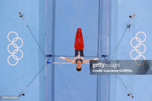 Brody Malone of Team United States competes on horizontal bar during the Men's All-Around Final on day five of the Tokyo 2020 Olympic Games at Ariake...