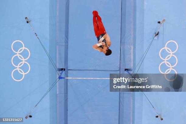 Brody Malone of Team United States competes on horizontal bar during the Men's All-Around Final on day five of the Tokyo 2020 Olympic Games at Ariake...