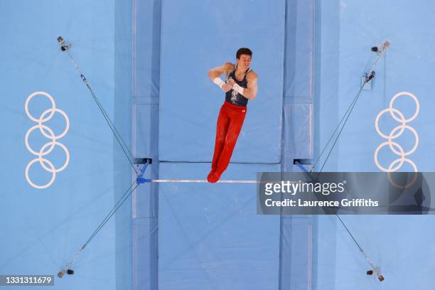 Brody Malone of Team United States competes on horizontal bar during the Men's All-Around Final on day five of the Tokyo 2020 Olympic Games at Ariake...