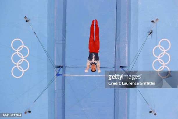 Brody Malone of Team United States competes on horizontal bar during the Men's All-Around Final on day five of the Tokyo 2020 Olympic Games at Ariake...
