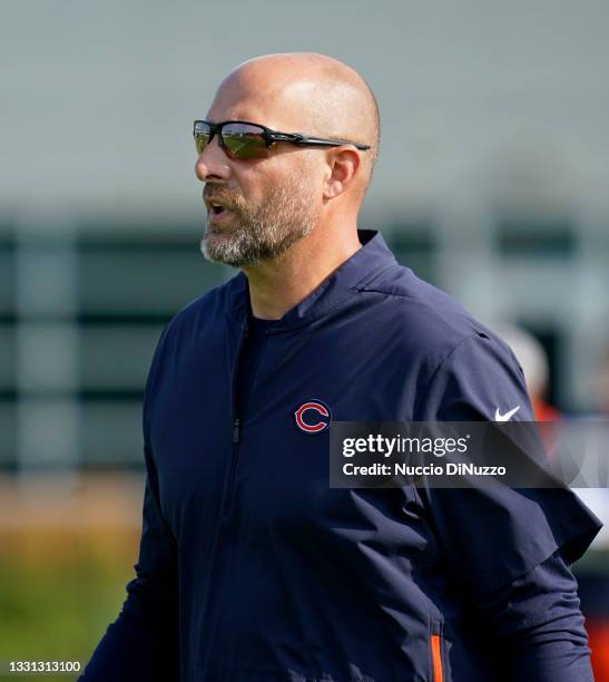 Head coach Matt Nagy of the Chicago Bears stands on the field during training camp at Halas Hall on July 29, 2021 in Lake Forest, Illinois.