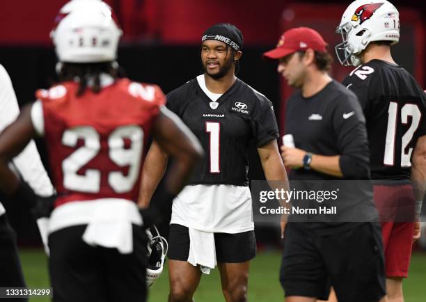 Kyler Murray of the Arizona Cardinals participates in drills during Training Camp at State Farm Stadium on July 29, 2021 in Glendale, Arizona.