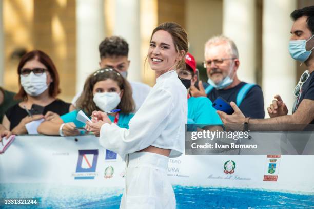 Matilda Lutz attends the blue carpet at the Giffoni Film Festival 2021 on July 29, 2021 in Giffoni Valle Piana, Italy.