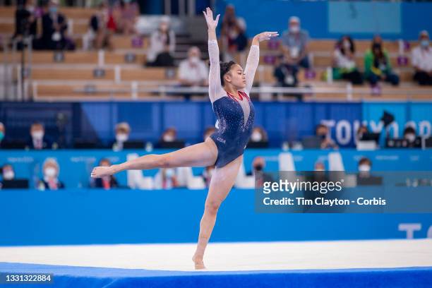 Sunisa Lee of the United States performs her routine on the floor during her gold medal performance in the All-Around Final for Women at Ariake...