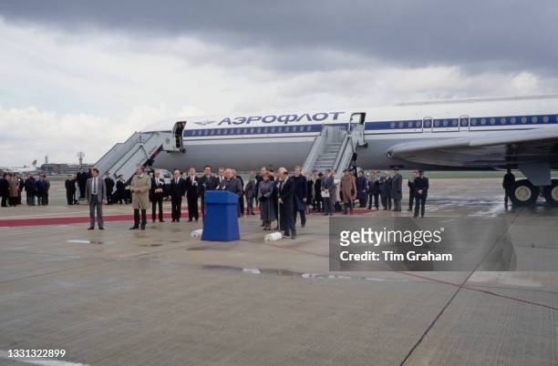Soviet leader Mikhail Gorbachev makes his address from a lectern on the tarmac at the end of State Visit to Great Britain, at Heathrow Airport in...