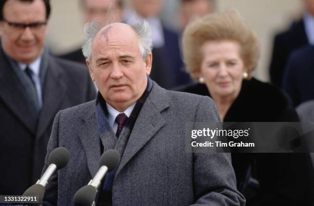 Soviet leader Mikhail Gorbachev makes his address from a lectern on the tarmac at the end of his State Visit to Great Britain, at Heathrow Airport in...