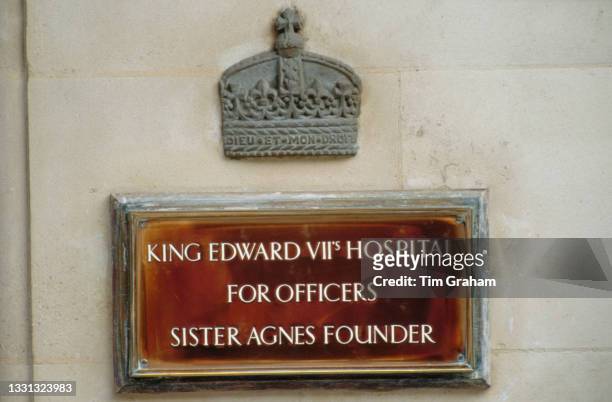 Plaque reading 'King Edward VII's Hospital for Officers, Sister Agnes Founder' on Beaumont Street in Marylebone, London, England, 5th April 1989....