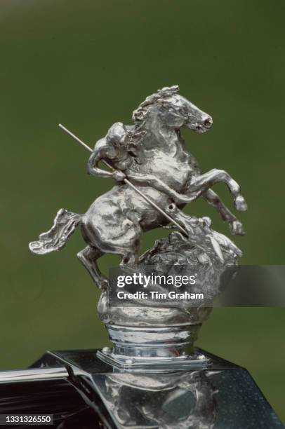 Hood ornament depicting Saint George slaying a dragon, mounted on the Royal car during Queen Elizabeth ll's visit to Powis Castle near Welshpool, in...