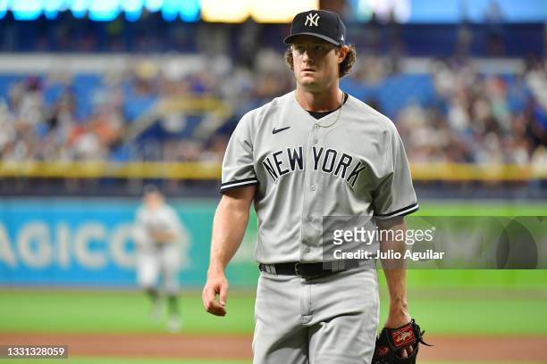 Gerrit Cole of the New York Yankees walks off the field after the second inning against the Tampa Bay Rays at Tropicana Field on July 29, 2021 in St...