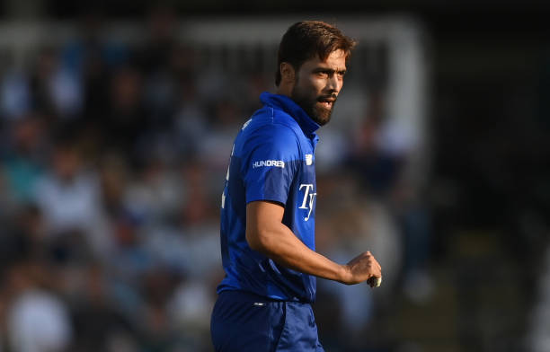 Mohammad Amir of London Spirit looks on during The Hundred match between London Spirit and Trent Rockets at Lord's Cricket Ground on July 29, 2021 in...