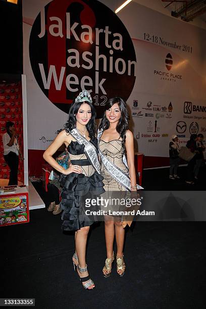 Maria Selena of Miss Indonesia 2011 and Liza Elly Purnama sari of Miss Earth Indonesia 2011 attend Jakarta Fashion Week 2012 show at Pacific Place on...