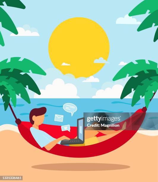 freelance vektor isometrische illustration - hammock-between-palm-trees stock-grafiken, -clipart, -cartoons und -symbole