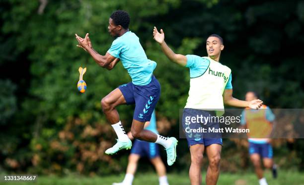 Nathan Tella misses a catch as Yan Valery looks on during a warm up exercise during a Southampton FC pre season training session at the Vale Resort,...
