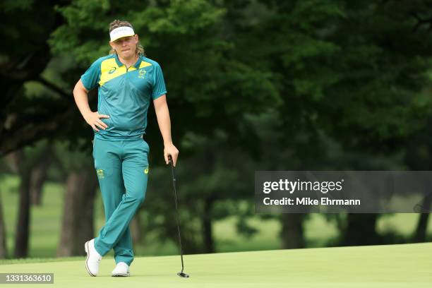 Cameron Smith of Team Australia waits on the first green during the second round of the Men's Individual Stroke Play on day seven of the Tokyo 2020...