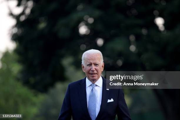 President Joe Biden walks to Marine One for a departure from the South Lawn of the White House on July 28, 2021 in Washington, DC. President Biden is...