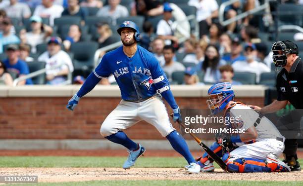 George Springer of the Toronto Blue Jays in action against the New York Mets at Citi Field on July 25, 2021 in New York City. The Mets defeated the...