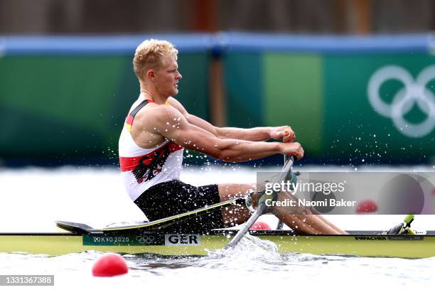 Oliver Zeidler of Team Germany competes during the Men's Single Sculls Final B on day seven of the Tokyo 2020 Olympic Games at Sea Forest Waterway on...