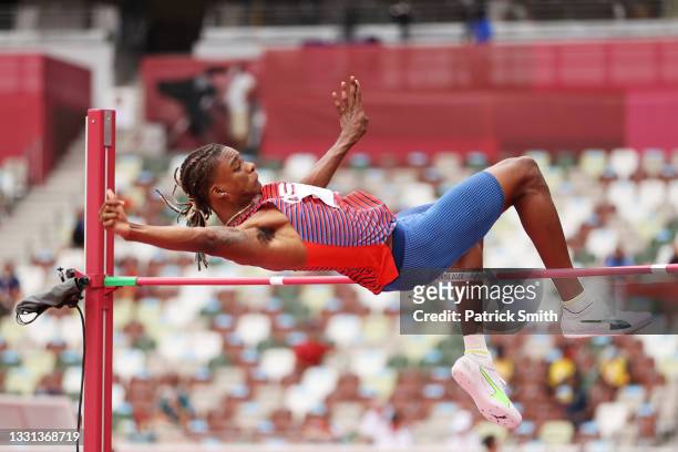 Juvaughn Harrison of Team United States competes in the Men's High Jump Qualification on day seven of the Tokyo 2020 Olympic Games at Olympic Stadium...