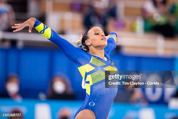 Rebeca Andrade of Brazil performs her routine on the floor during her silver medal performance in the All-Around Final for Women at Ariake Gymnastics...