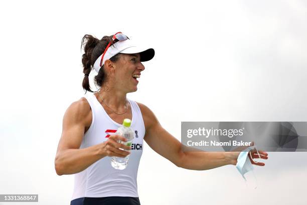 Magdalena Lobnig of Team Austria reacts after winning the bronze medal during the Women's Single Sculls Final A on day seven of the Tokyo 2020...