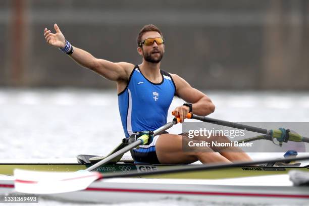 Stefanos Ntouskos of Team Greece reacts after winning the gold medal during the Men's Single Sculls Final A on day seven of the Tokyo 2020 Olympic...