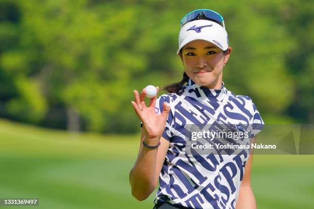 Erika Hara of Japan celebrates the birdie on the 14th green during the second round of Rakuten Super Ladies at Tokyu Grand Oak Golf Club on July 30,...