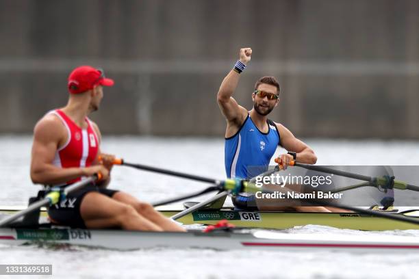 Stefanos Ntouskos of Team Greece reacts after winning the gold medal during the Men's Single Sculls Final A on day seven of the Tokyo 2020 Olympic...