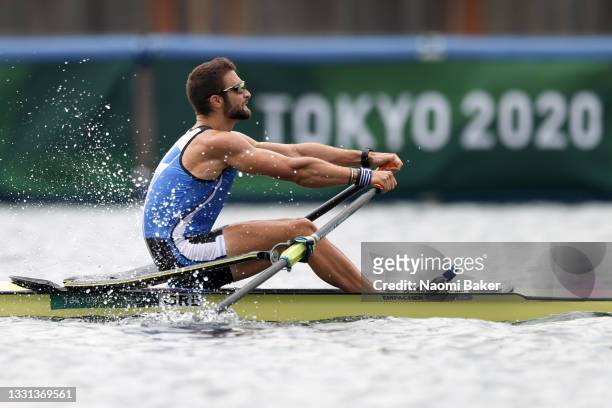 Stefanos Ntouskos of Team Greece competes during the Men's Single Sculls Final A on day seven of the Tokyo 2020 Olympic Games at Sea Forest Waterway...