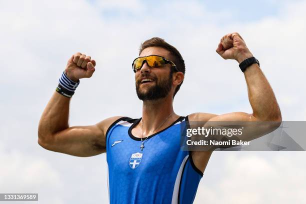 Stefanos Ntouskos of Team Greece reacts after winning the gold medal during the Men's Single Sculls Final A on day seven of the Tokyo 2020 Olympic...