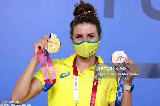 Jessica Fox of Team Australia poses for a photo with her Gold and Bronze medals during the Australian medalist press conference on day seven of the...