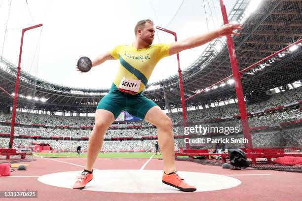 Matthew Denny of Team Australia competes in the Men's Discus Throw Qualification on day seven of the Tokyo 2020 Olympic Games at Olympic Stadium on...