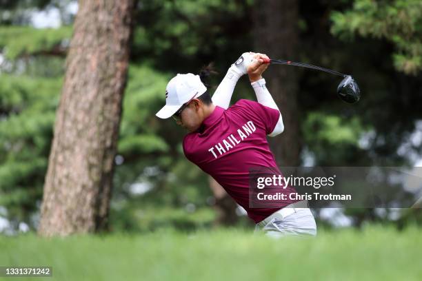 Jazz Janewattananond of Team Thailand plays his shot from the fifth tee during the second round of the Men's Individual Stroke Play on day seven of...