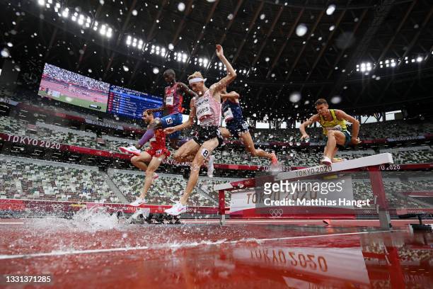 Matthew Hughes of Team Canada competes during round one of the Men's 3000m Steeplechase heats on day seven of the Tokyo 2020 Olympic Games at Olympic...