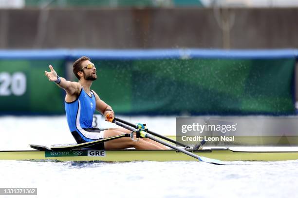 Stefanos Ntouskos of Team Greece reacts after winning the gold medal during the Men's Single Sculls Final A on day seven of the Tokyo 2020 Olympic...