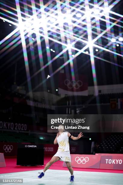 Nozomi Okuhara of Team Japan competes against He Bing Jiao of Team China during a Women's Singles Quarterfinal match on day seven of the Tokyo 2020...