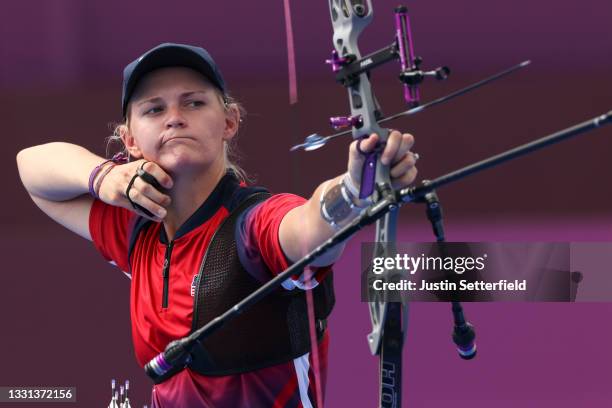 Mackenzie Brown of Team United States competes in the archery Women's Individual 1/8 Eliminations on day seven of the Tokyo 2020 Olympic Games at...