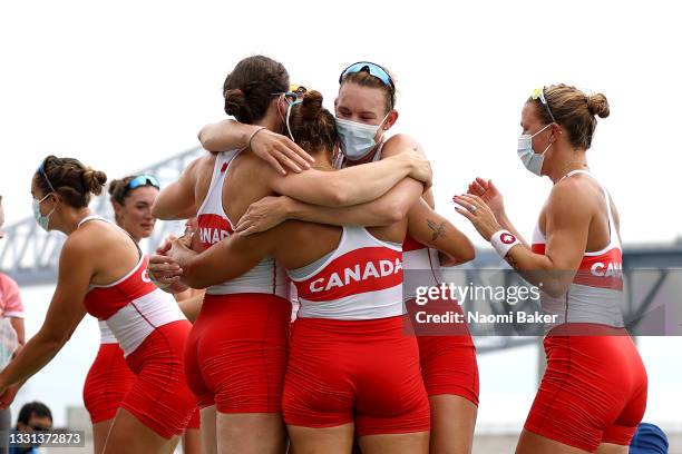 Team Canada celebrates winning the gold medal during the Women's Eight Final A on day seven of the Tokyo 2020 Olympic Games at Sea Forest Waterway on...