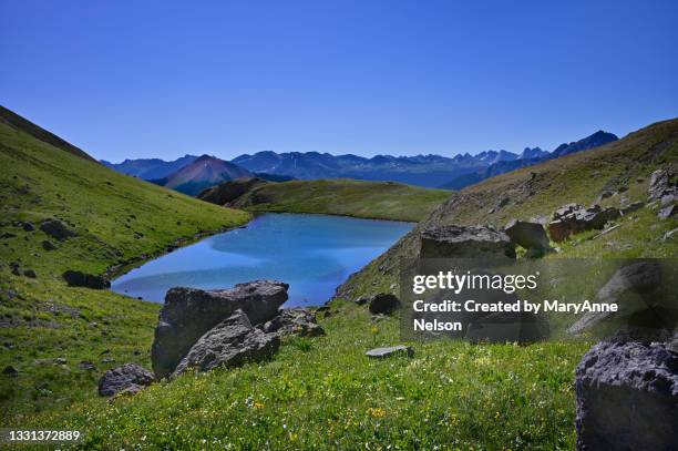 looking down on rectangular shaped mt. lake - silverton colorado stock pictures, royalty-free photos & images