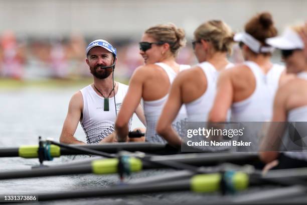 Coxswain Caleb Shepherd of Team New Zealand looks on after the team won the silver medal during the Women's Eight Final A on day seven of the Tokyo...