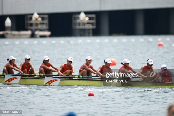 Wang Zifeng, Wang Yuwei, Xu Fei, Miao Tian, Zhang Min, Ju Rui, Li Jingjing, Guo Linlin, Zhang Dechang of China compete during the Women's Eight...