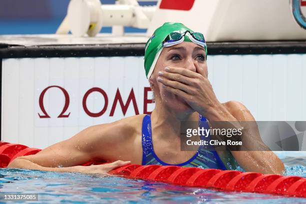 Tatjana Schoenmaker of Team South Africa reacts after winning the gold medal and breaking the world record after competing in the Women's 200m...
