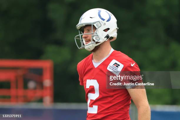 Carson Wentz of the Indianapolis Colts on the field during the Indianapolis Colts Training Camp at Grand Park on July 29, 2021 in Westfield, Indiana.