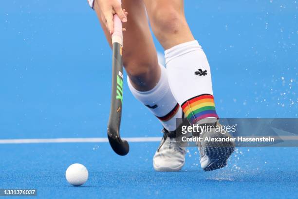 Detailed view of Nike Lorenz of Team Germany controlling the ball during the Women's Preliminary Pool A match between South Africa and Germany on day...