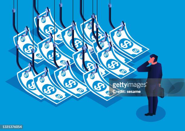 businessman standing thinking in front of a pile of fishhooks with dollar banknotes hanging. - temptation stock illustrations