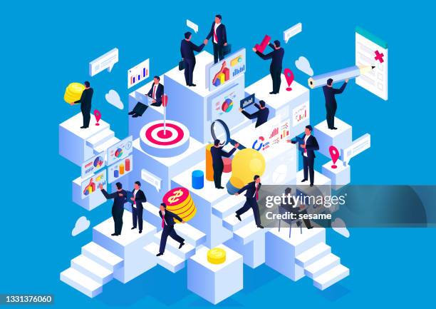 stockillustraties, clipart, cartoons en iconen met isometric business plan and commercial space, business teams work and communicate on different space cubes - gafam