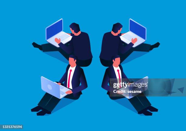 stockillustraties, clipart, cartoons en iconen met isometric four businessmen sitting and working with laptops. - back to back