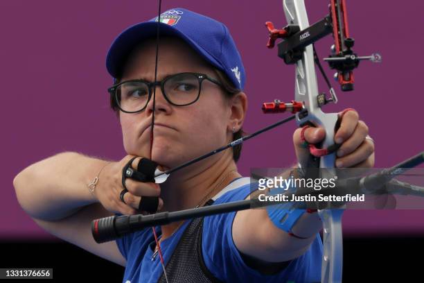 Lucilla Boari of Team Italy competes in the archery Women's Individual 1/8 Eliminations on day seven of the Tokyo 2020 Olympic Games at Yumenoshima...