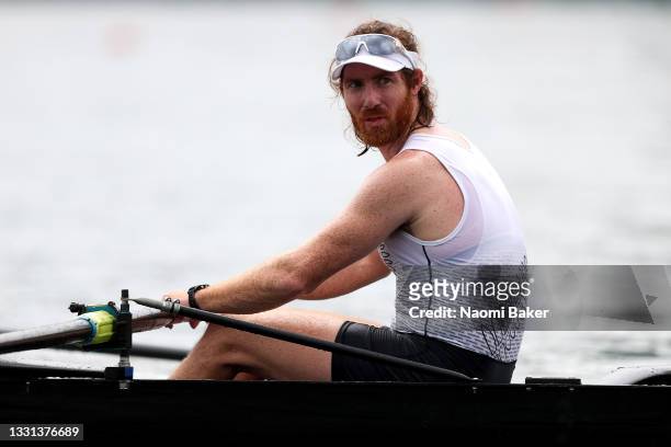 Tom Murray of Team New Zealand reacts after winning the gold medal in the Men's Eight Final A on day seven of the Tokyo 2020 Olympic Games at Sea...