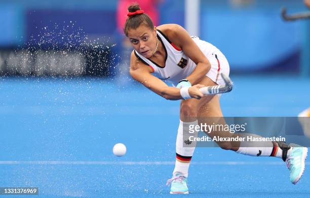 Selin Oruz of Team Germany passes the ball during the Women's Preliminary Pool A match between South Africa and Germany on day seven of the Tokyo...